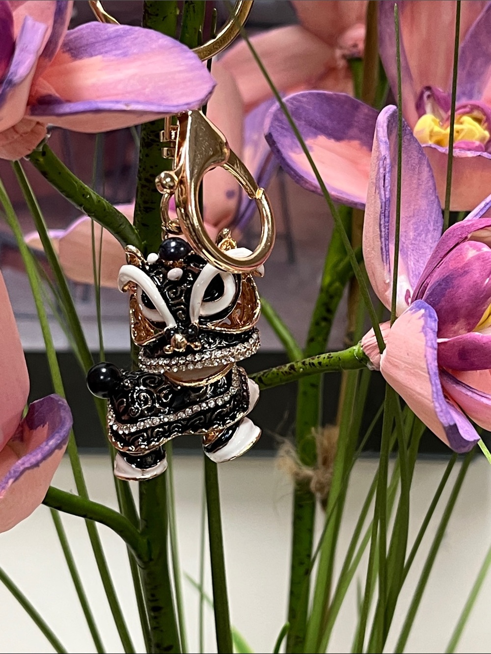 Black and White Crystal Lion Dance Keychain Charm